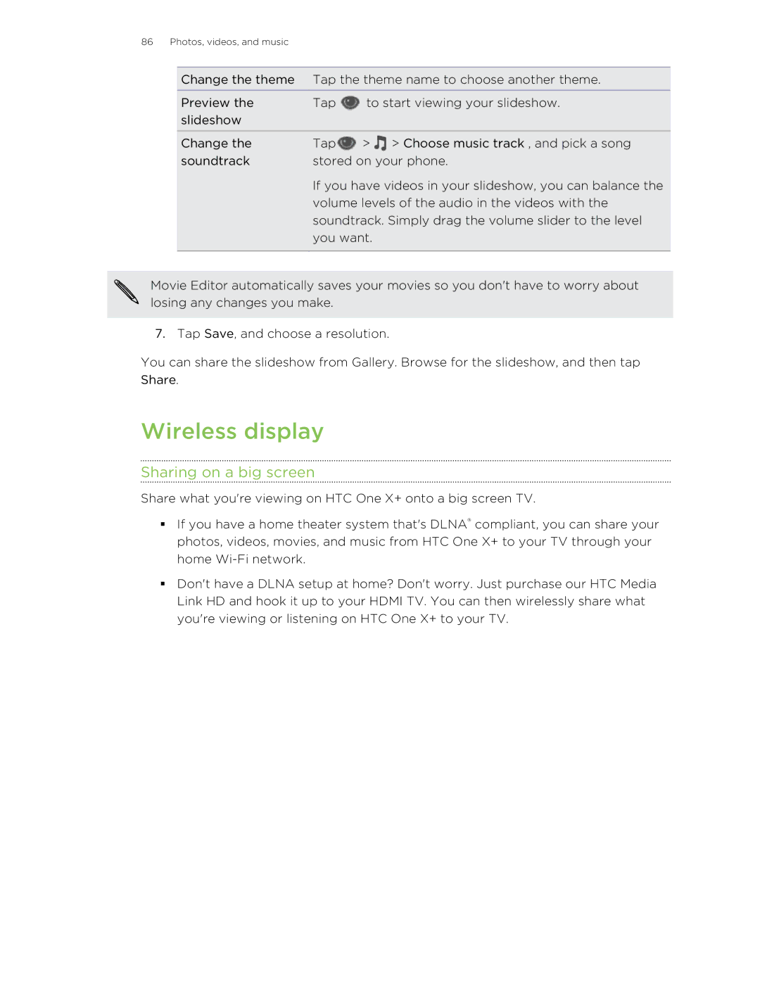 HTC X+ manual Wireless display, Sharing on a big screen 
