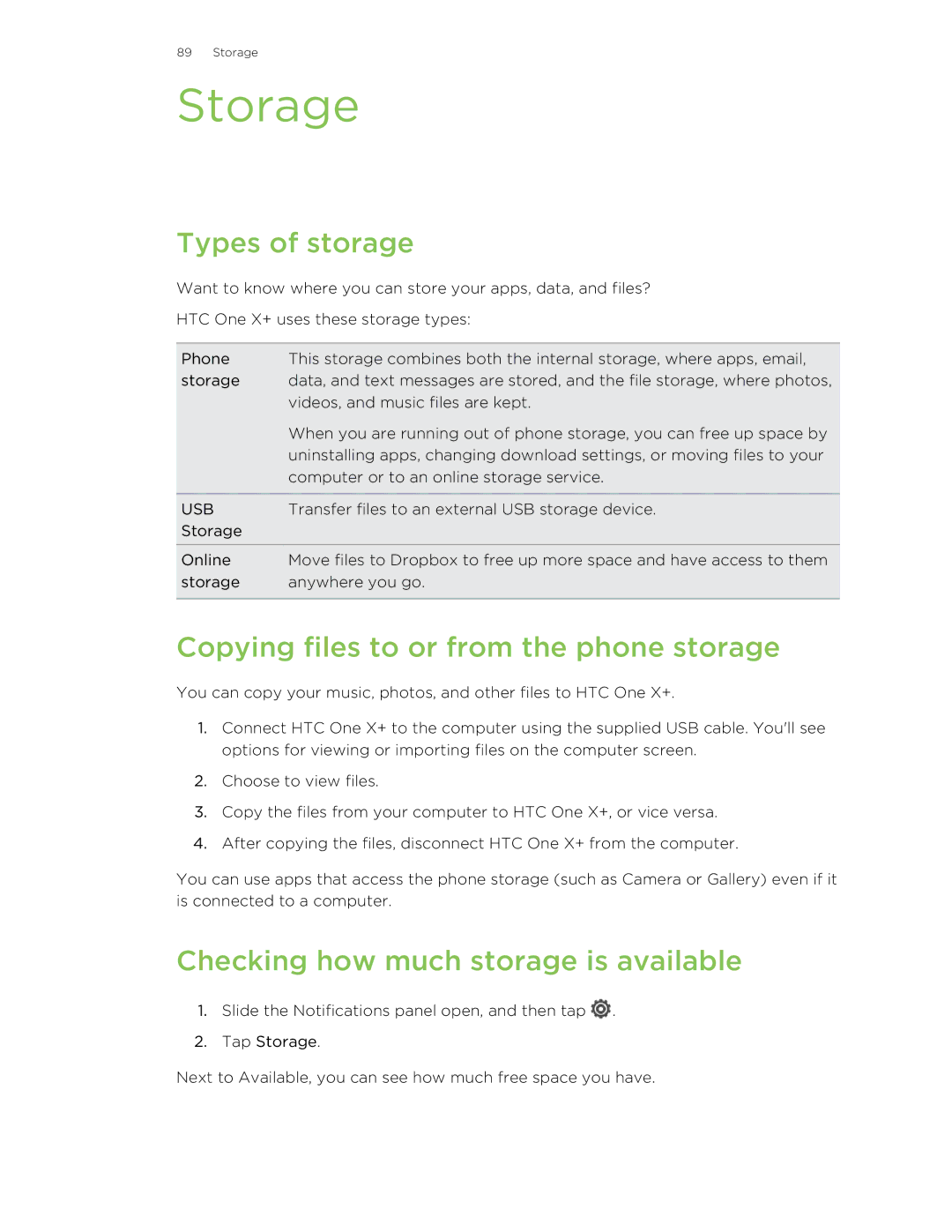 HTC X+ manual Storage, Types of storage, Copying files to or from the phone storage, Checking how much storage is available 