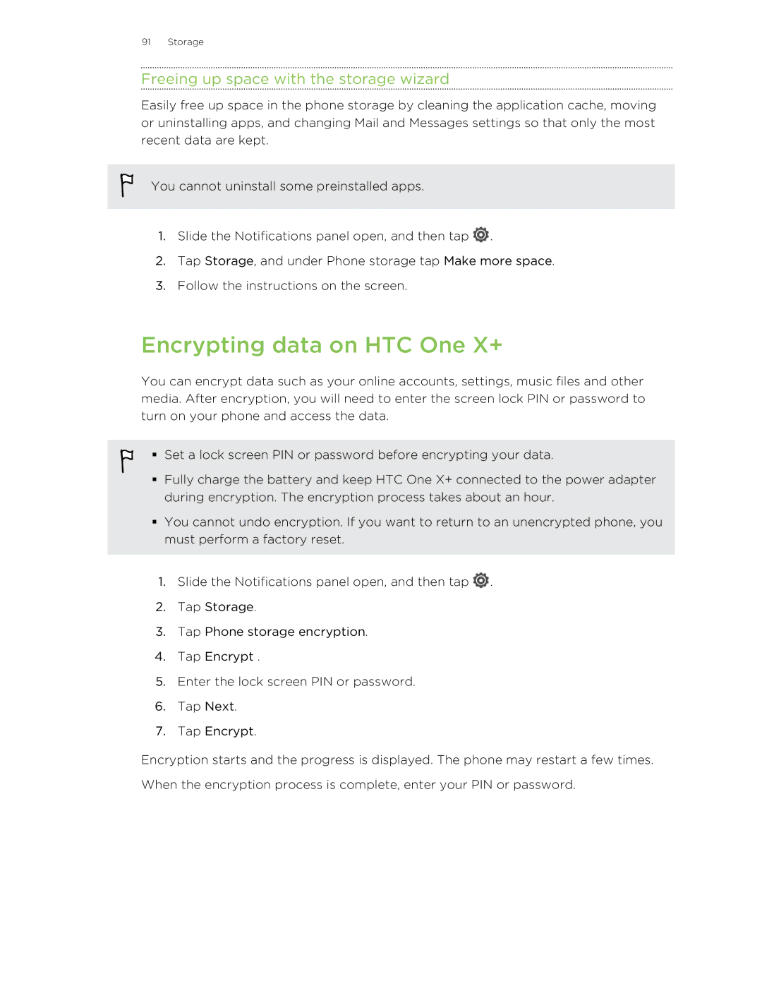 HTC manual Encrypting data on HTC One X+, Freeing up space with the storage wizard 