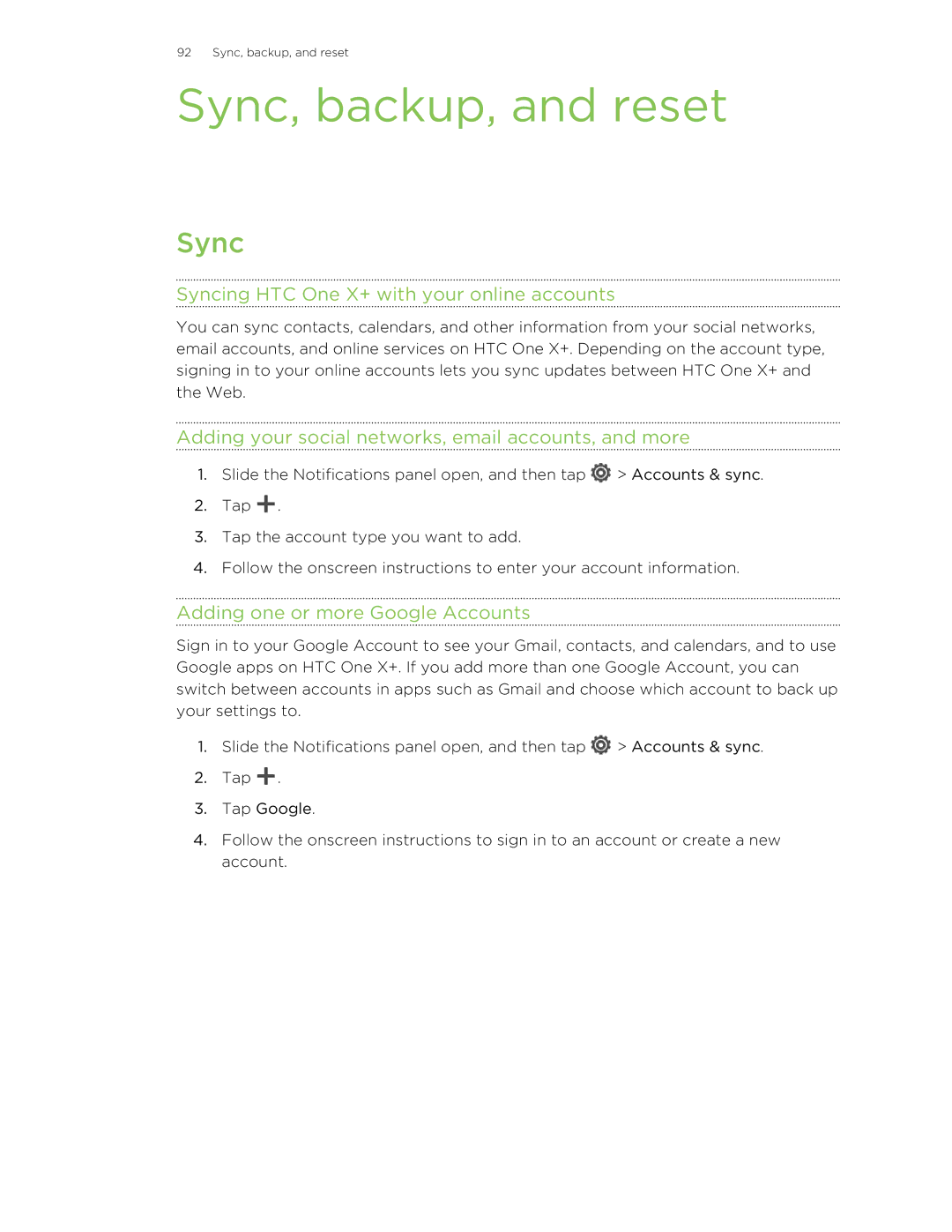 HTC manual Sync, backup, and reset, Syncing HTC One X+ with your online accounts, Adding one or more Google Accounts 