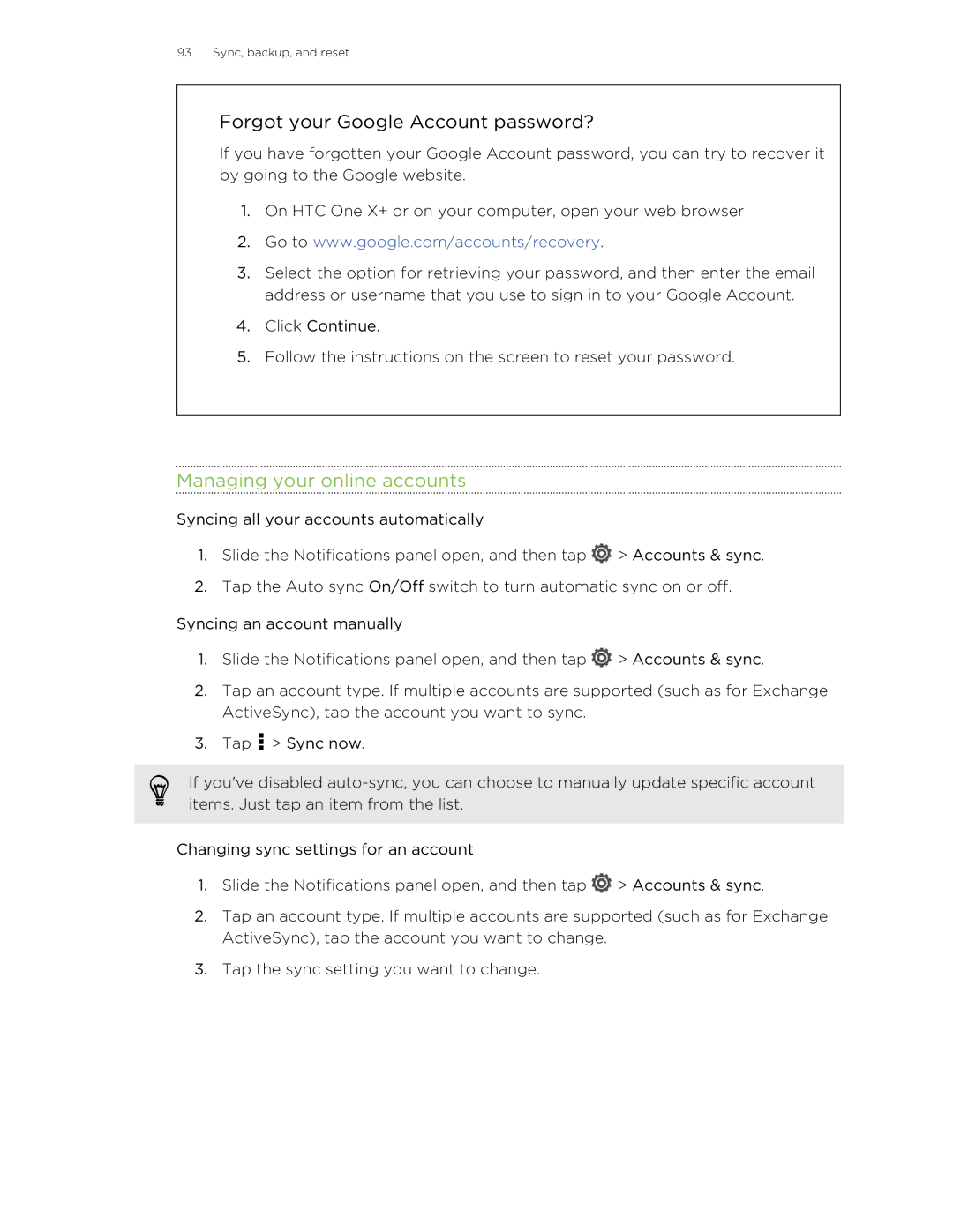 HTC X+ manual Forgot your Google Account password?, Managing your online accounts 