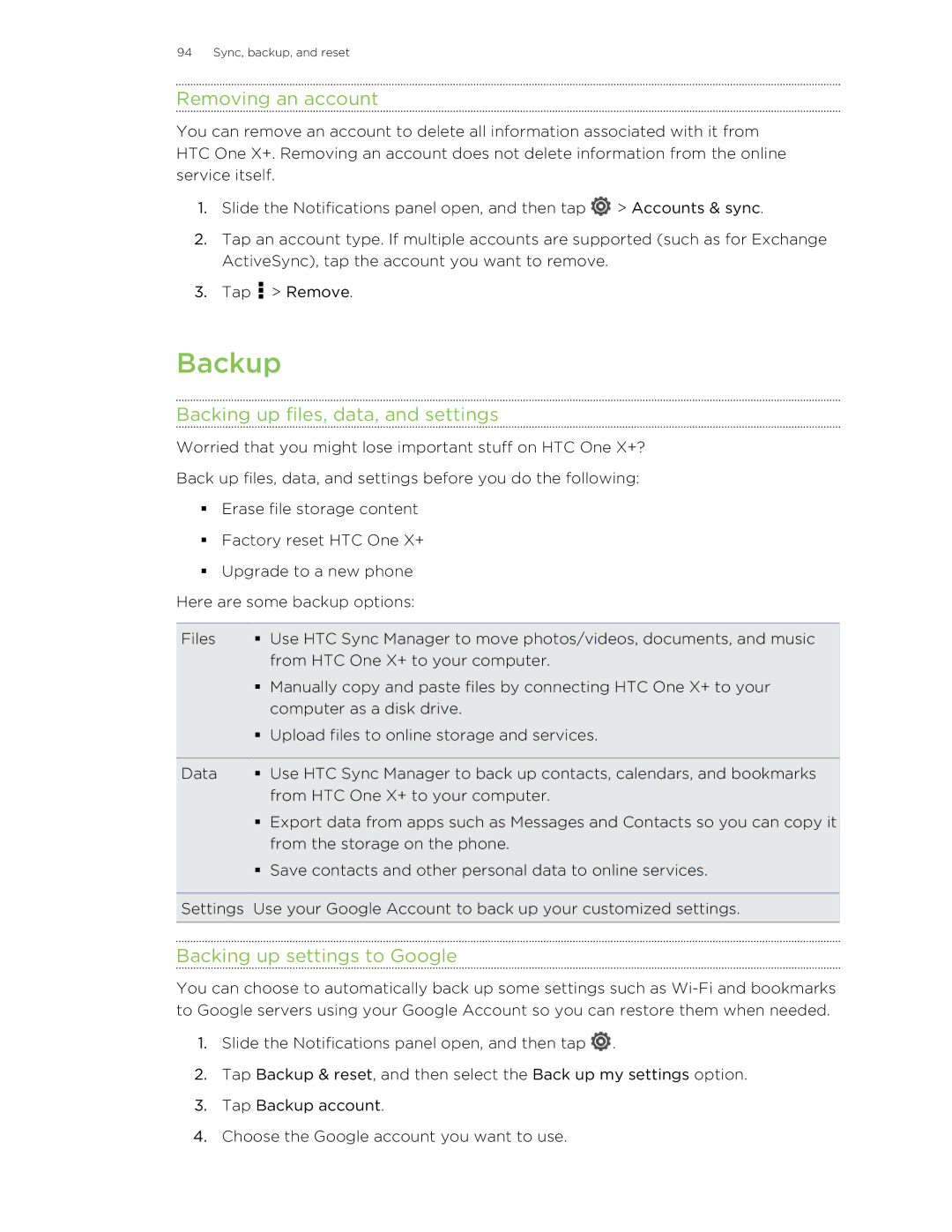 HTC X+ manual Backup, Removing an account, Backing up files, data, and settings, Backing up settings to Google 