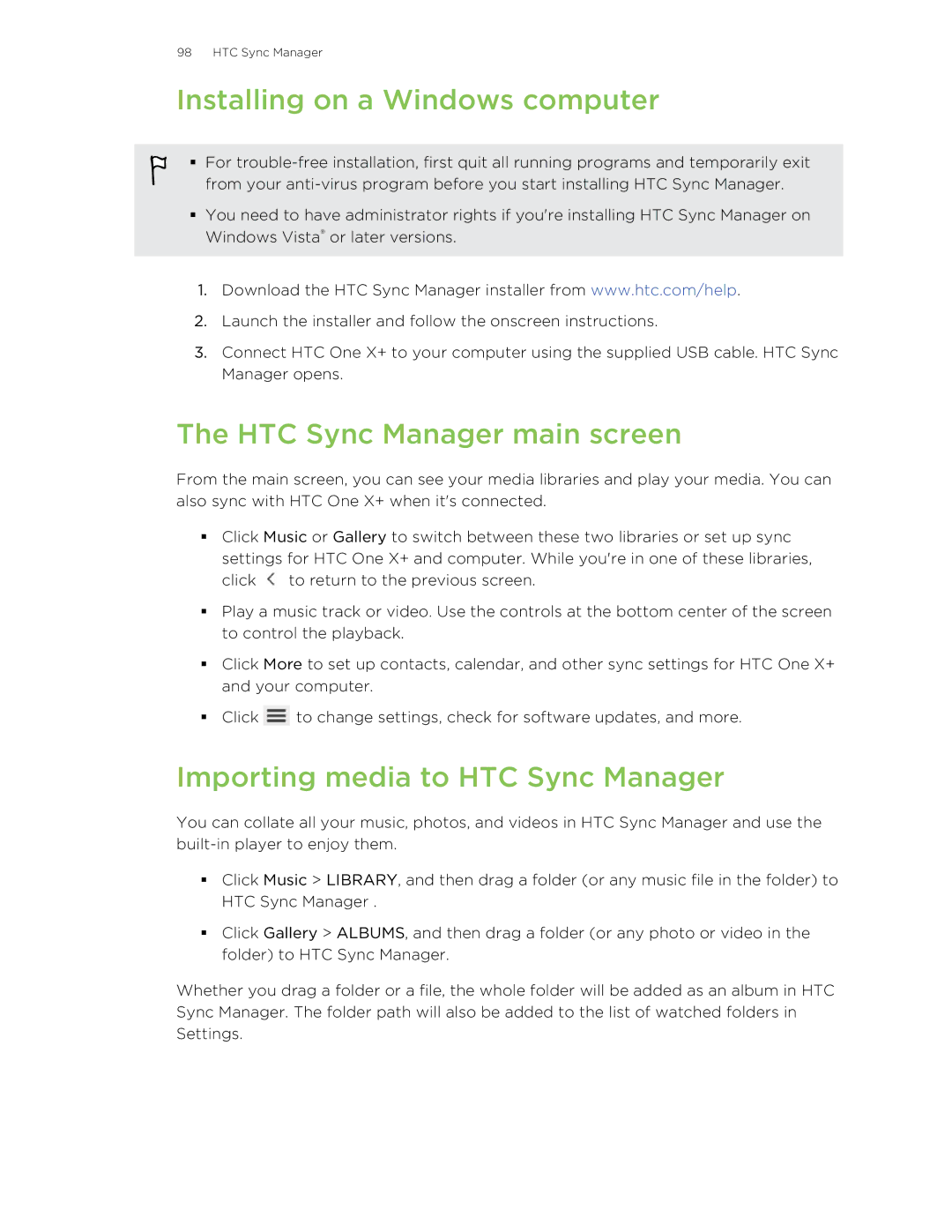 HTC X+ manual Installing on a Windows computer, HTC Sync Manager main screen, Importing media to HTC Sync Manager 