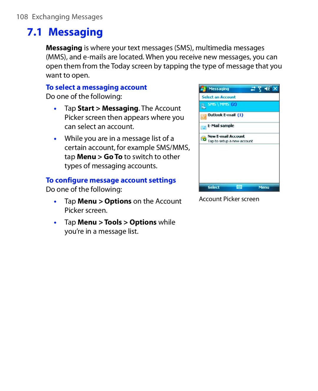 HTC Xda orbit 2 manual Messaging, To select a messaging account, To configure message account settings 