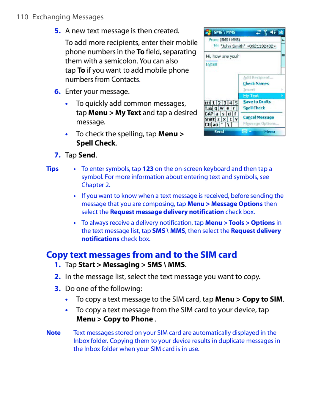 HTC Xda orbit 2 manual Copy text messages from and to the SIM card, New text message is then created 