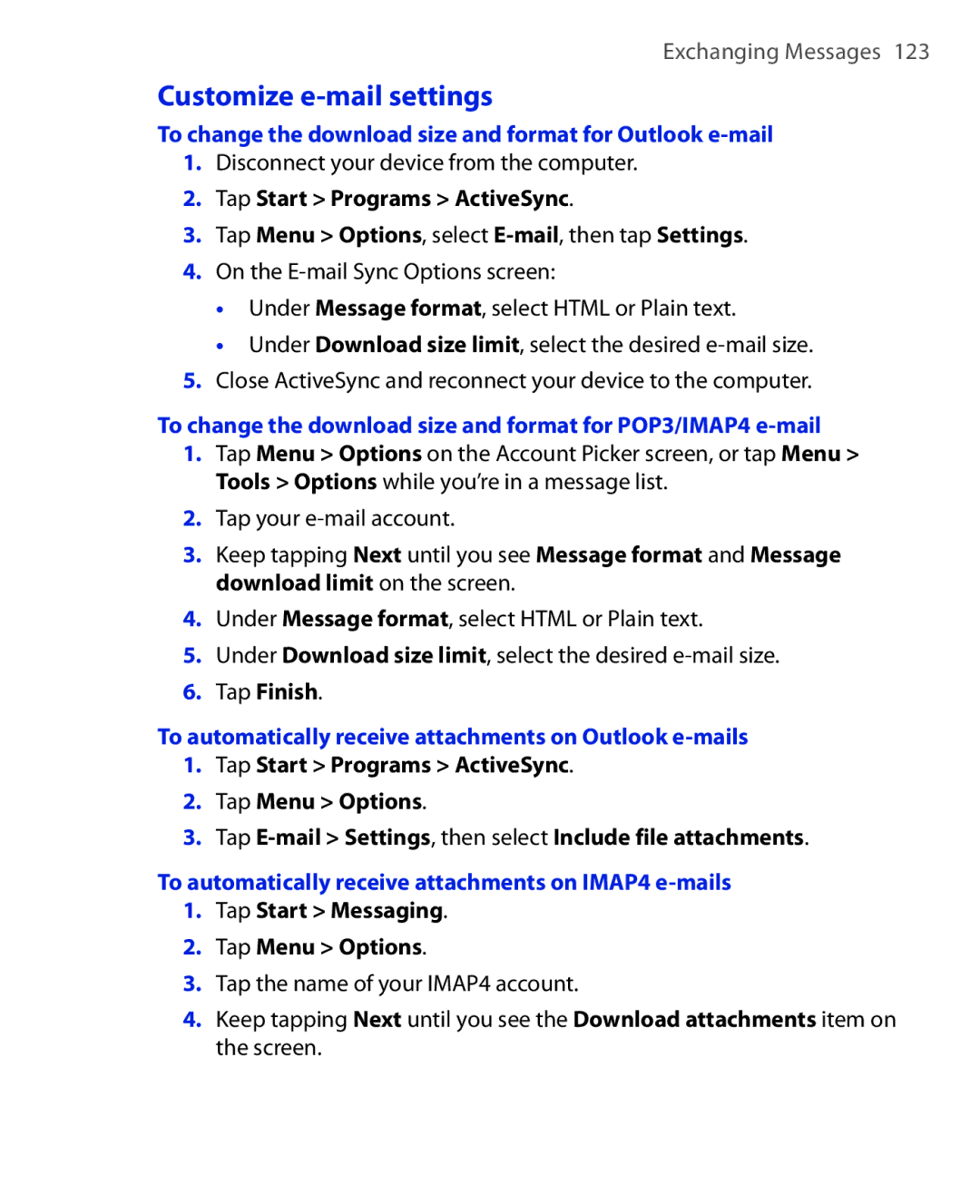 HTC Xda orbit 2 manual Customize e-mail settings, To change the download size and format for Outlook e-mail 