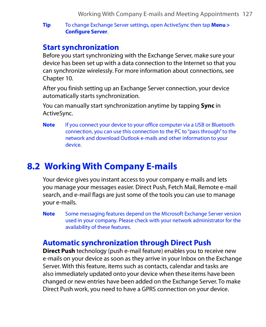 HTC Xda orbit 2 manual Working With Company E-mails, Start synchronization, Automatic synchronization through Direct Push 