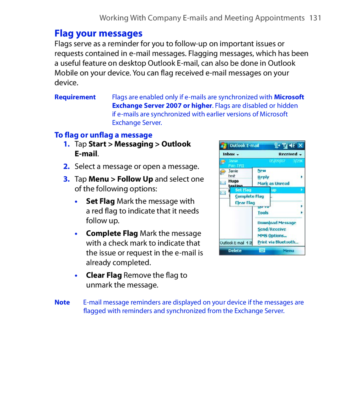 HTC Xda orbit 2 manual Flag your messages, To flag or unflag a message, Select a message or open a message 