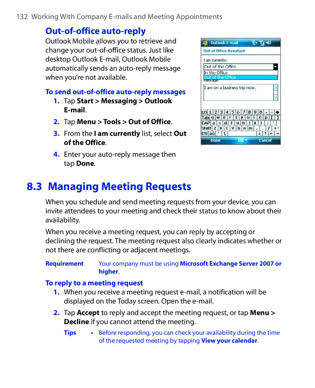 HTC Xda orbit 2 manual Out-of-office auto-reply, To send out-of-office auto-reply messages, To reply to a meeting request 