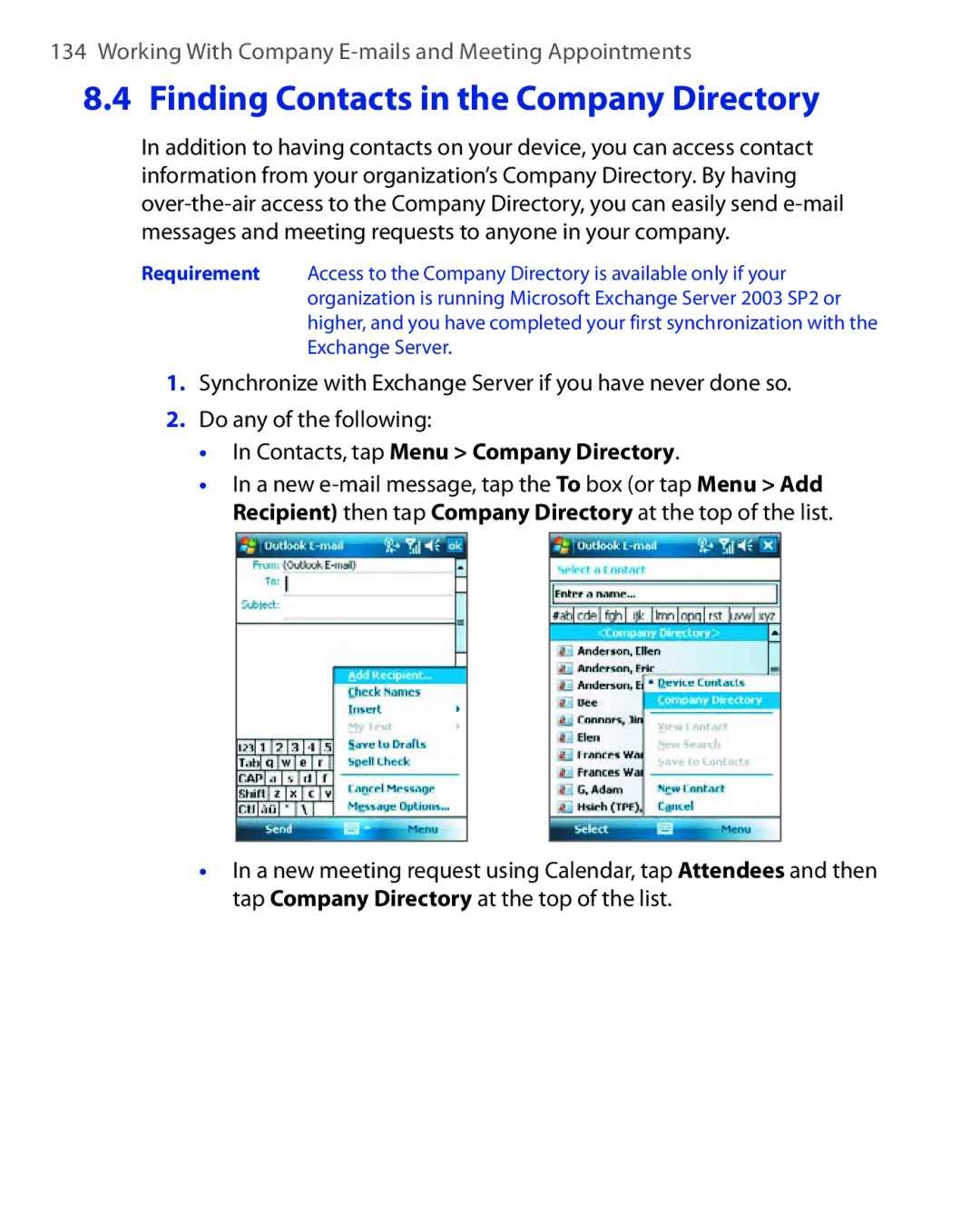 HTC Xda orbit 2 manual Finding Contacts in the Company Directory, Contacts, tap Menu Company Directory 