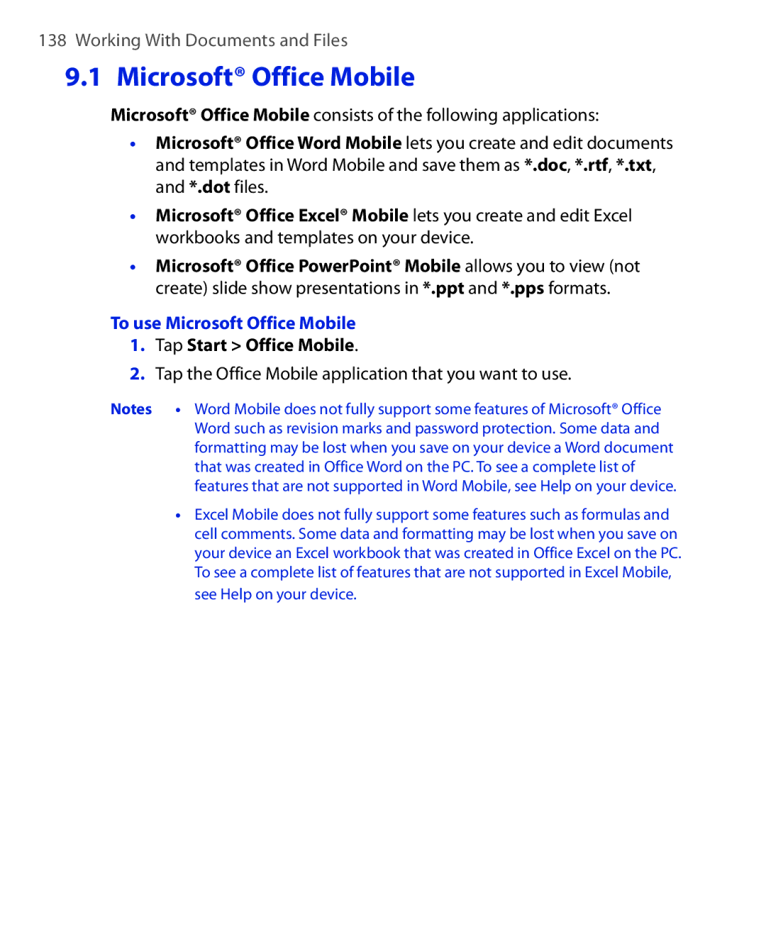 HTC Xda orbit 2 manual To use Microsoft Office Mobile, Tap Start Office Mobile 