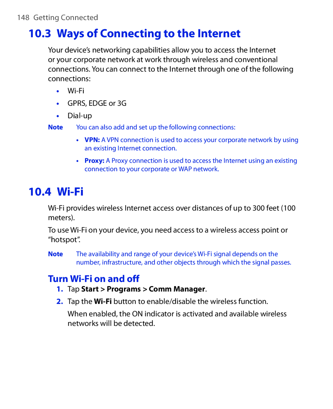 HTC Xda orbit 2 manual Ways of Connecting to the Internet, Turn Wi-Fi on and off 