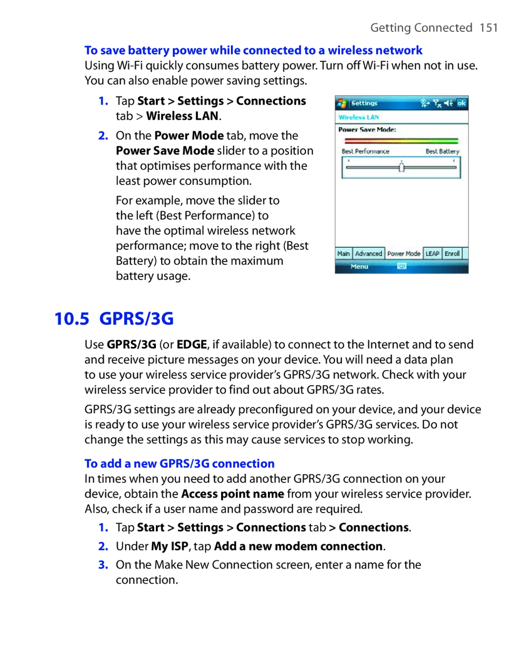 HTC Xda orbit 2 manual To save battery power while connected to a wireless network, To add a new GPRS/3G connection 