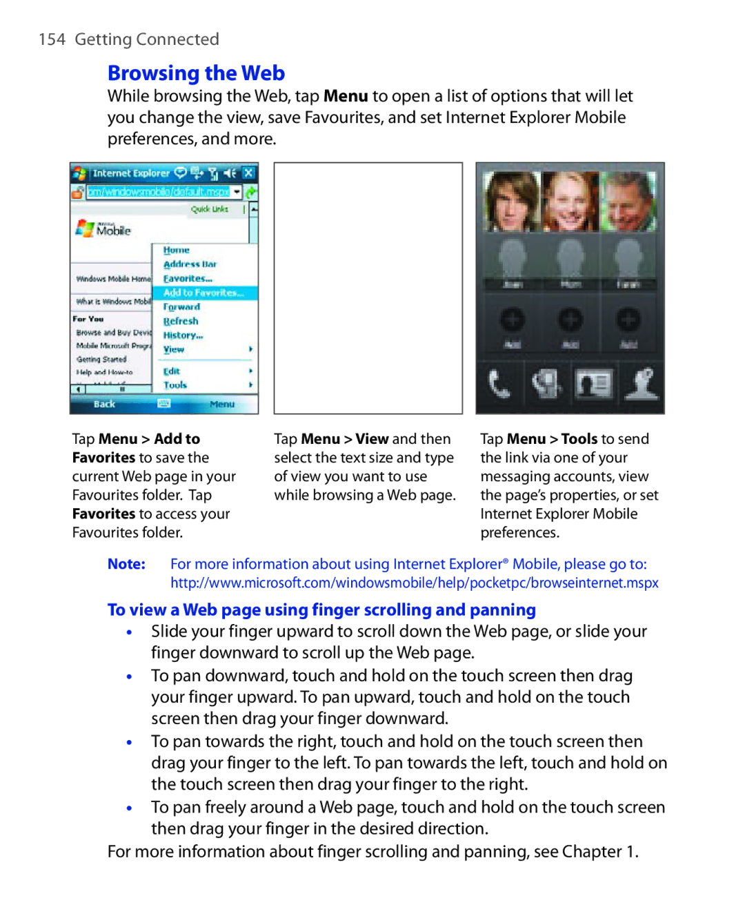 HTC Xda orbit 2 manual Browsing the Web, To view a Web page using finger scrolling and panning 