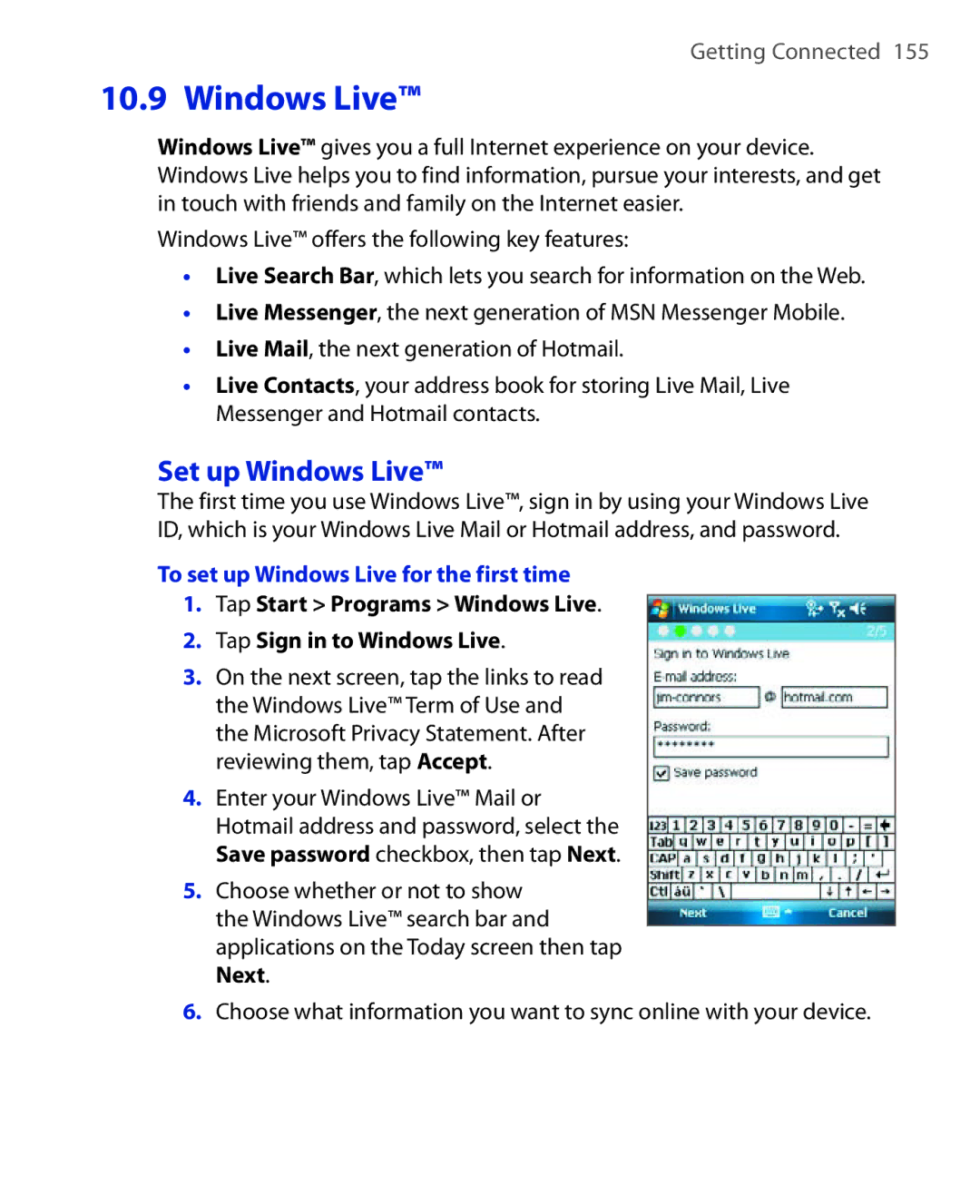 HTC Xda orbit 2 manual Set up Windows Live, To set up Windows Live for the first time 