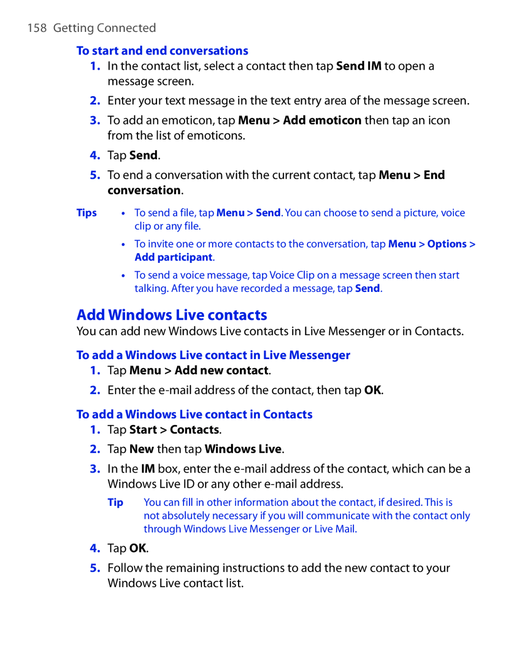 HTC Xda orbit 2 Add Windows Live contacts, To start and end conversations, To add a Windows Live contact in Live Messenger 