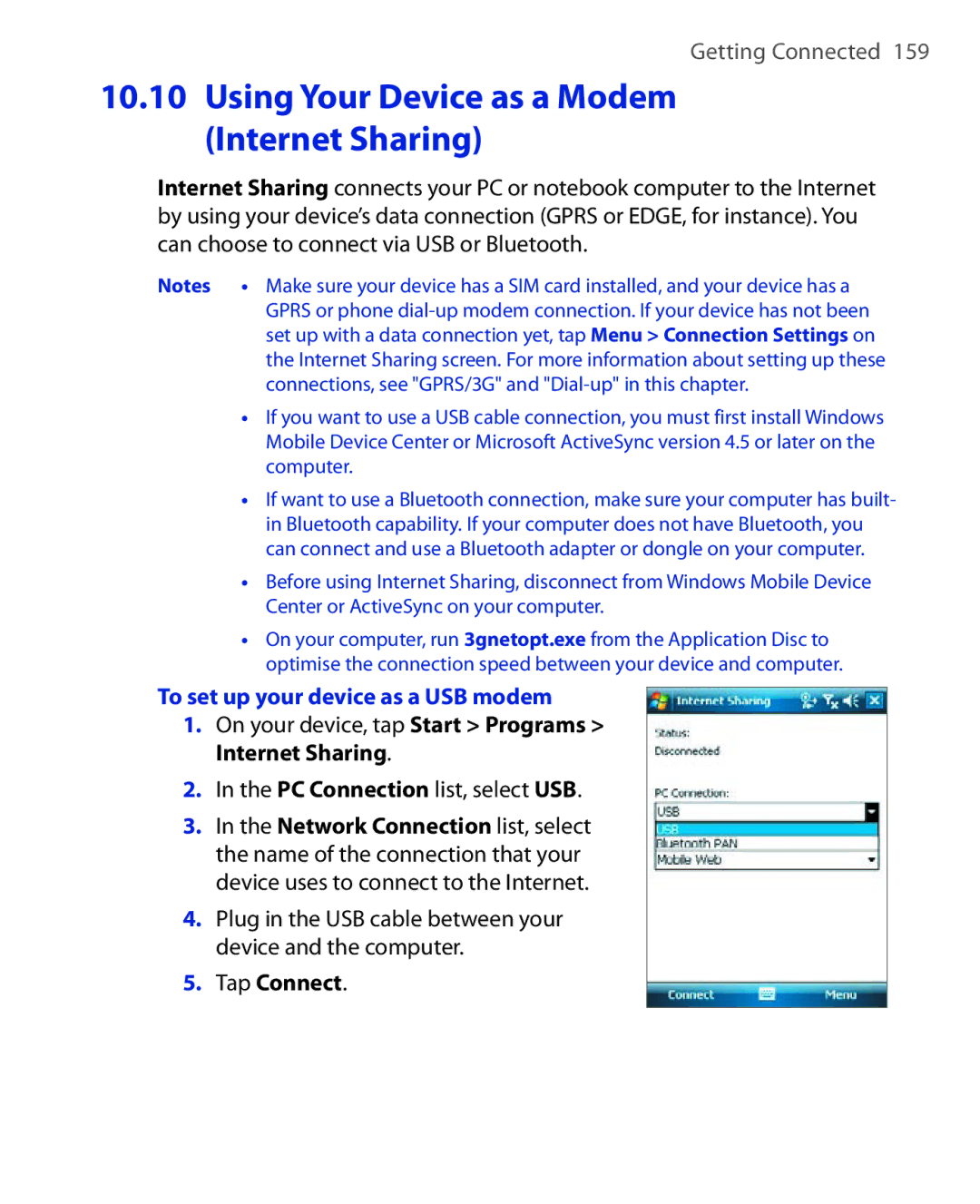 HTC Xda orbit 2 manual Using Your Device as a Modem Internet Sharing, To set up your device as a USB modem, Tap Connect 