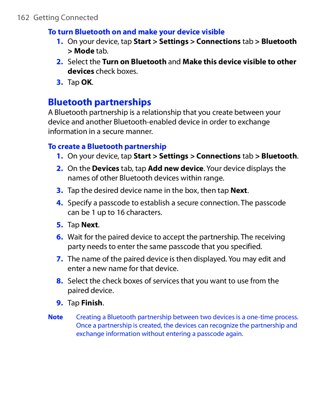 HTC Xda orbit 2 manual Bluetooth partnerships, To turn Bluetooth on and make your device visible 