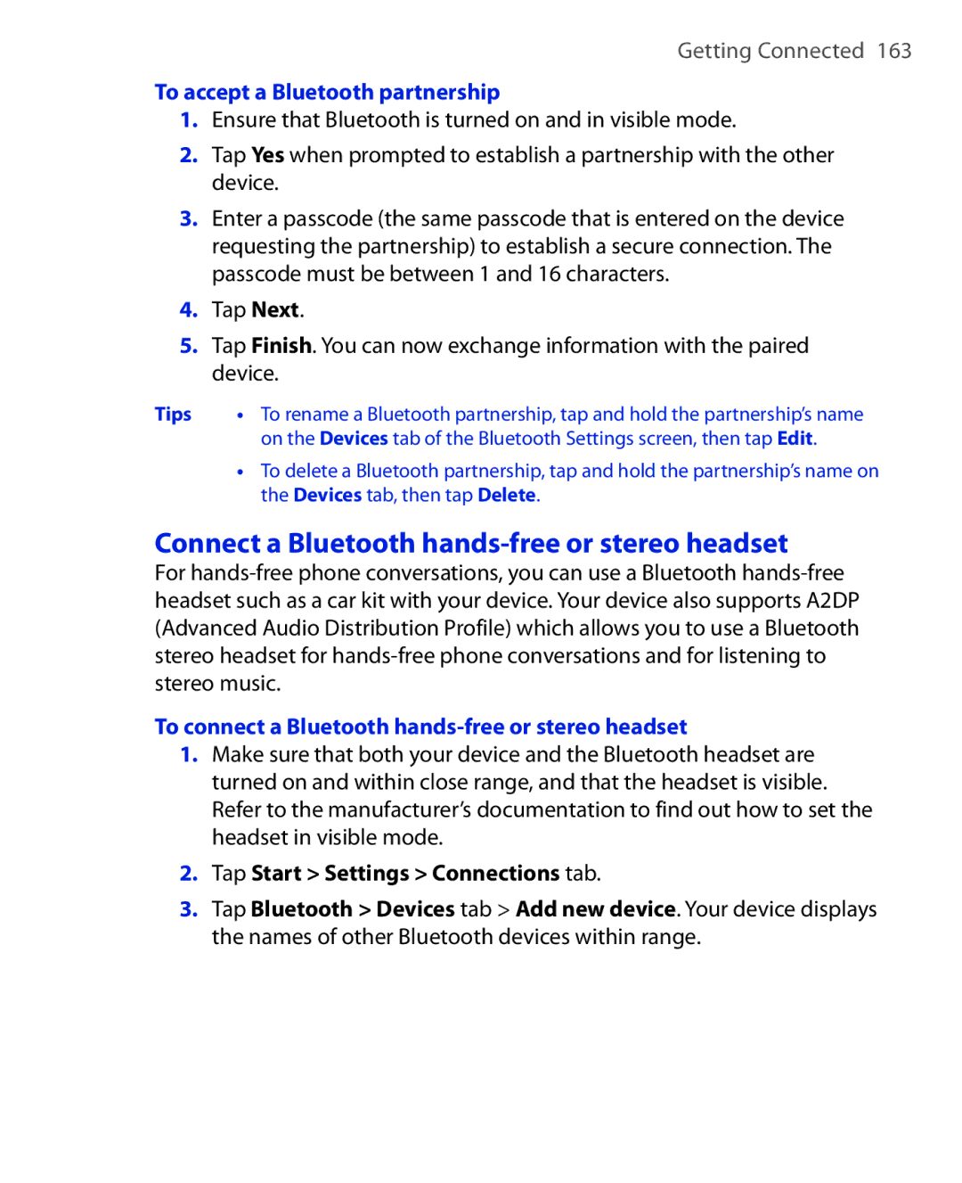 HTC Xda orbit 2 manual Connect a Bluetooth hands-free or stereo headset, To accept a Bluetooth partnership 