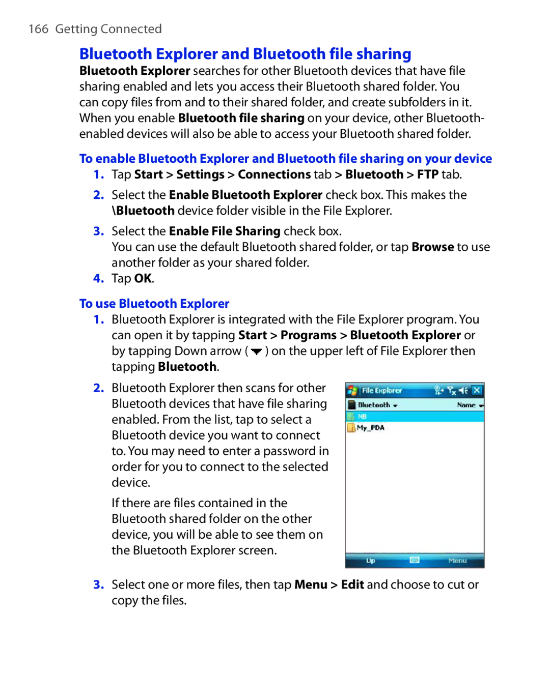 HTC Xda orbit 2 manual Bluetooth Explorer and Bluetooth file sharing, Tap Start Settings Connections tab Bluetooth FTP tab 