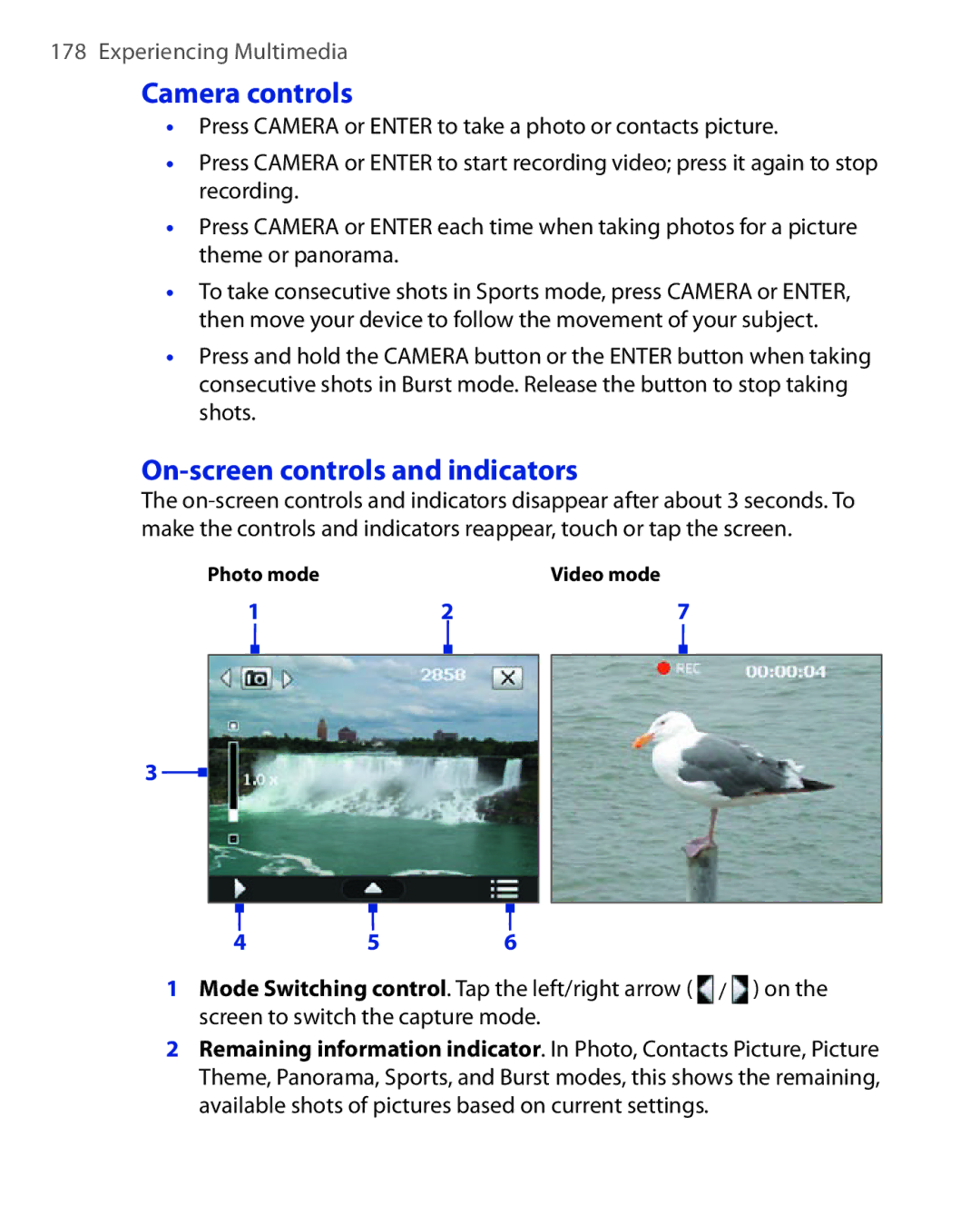 HTC Xda orbit 2 manual Camera controls, On-screen controls and indicators 