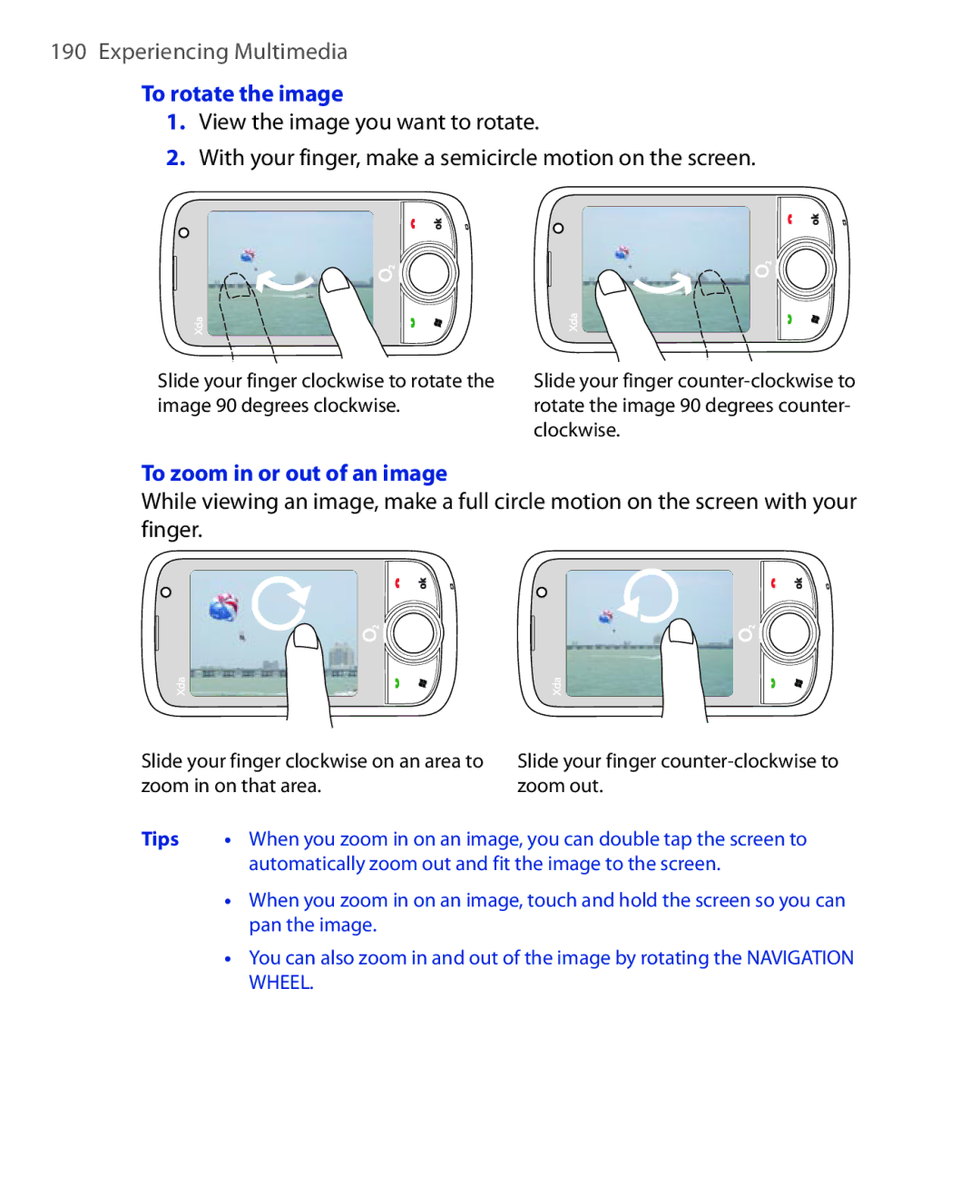 HTC Xda orbit 2 manual To rotate the image, To zoom in or out of an image 