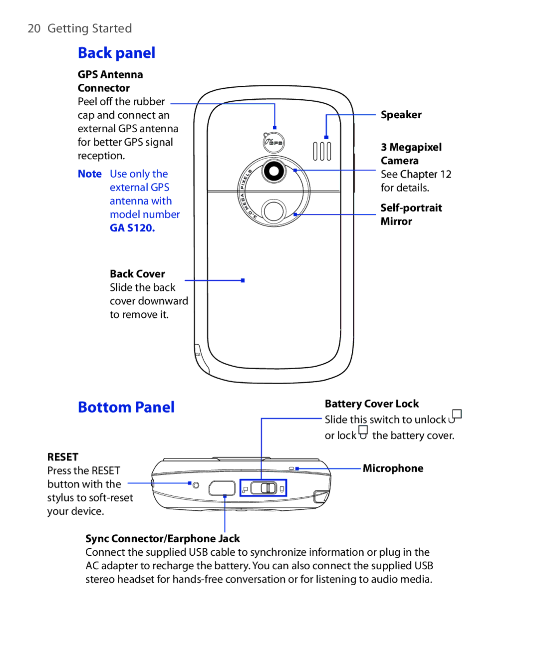 HTC Xda orbit 2 manual Back panel, Bottom Panel 