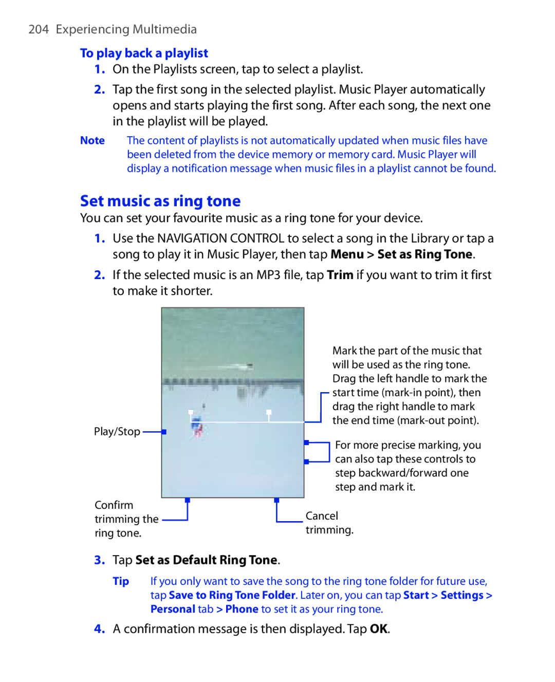 HTC Xda orbit 2 manual Set music as ring tone, To play back a playlist, Tap Set as Default Ring Tone 