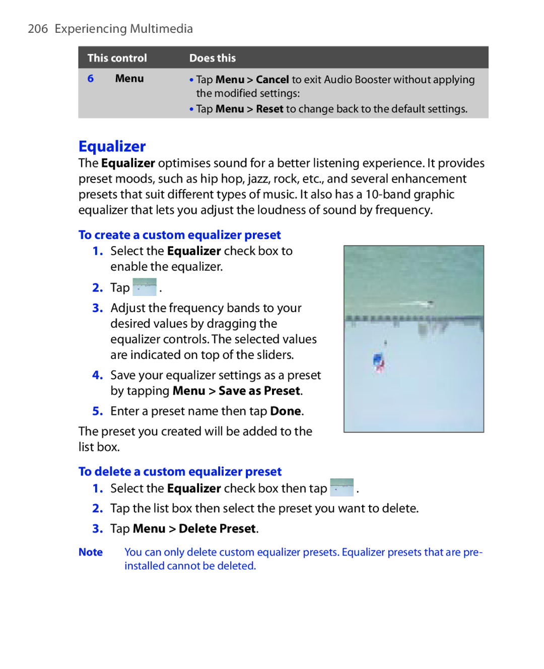 HTC Xda orbit 2 manual To create a custom equalizer preset, Select the Equalizer check box to enable the equalizer Tap 