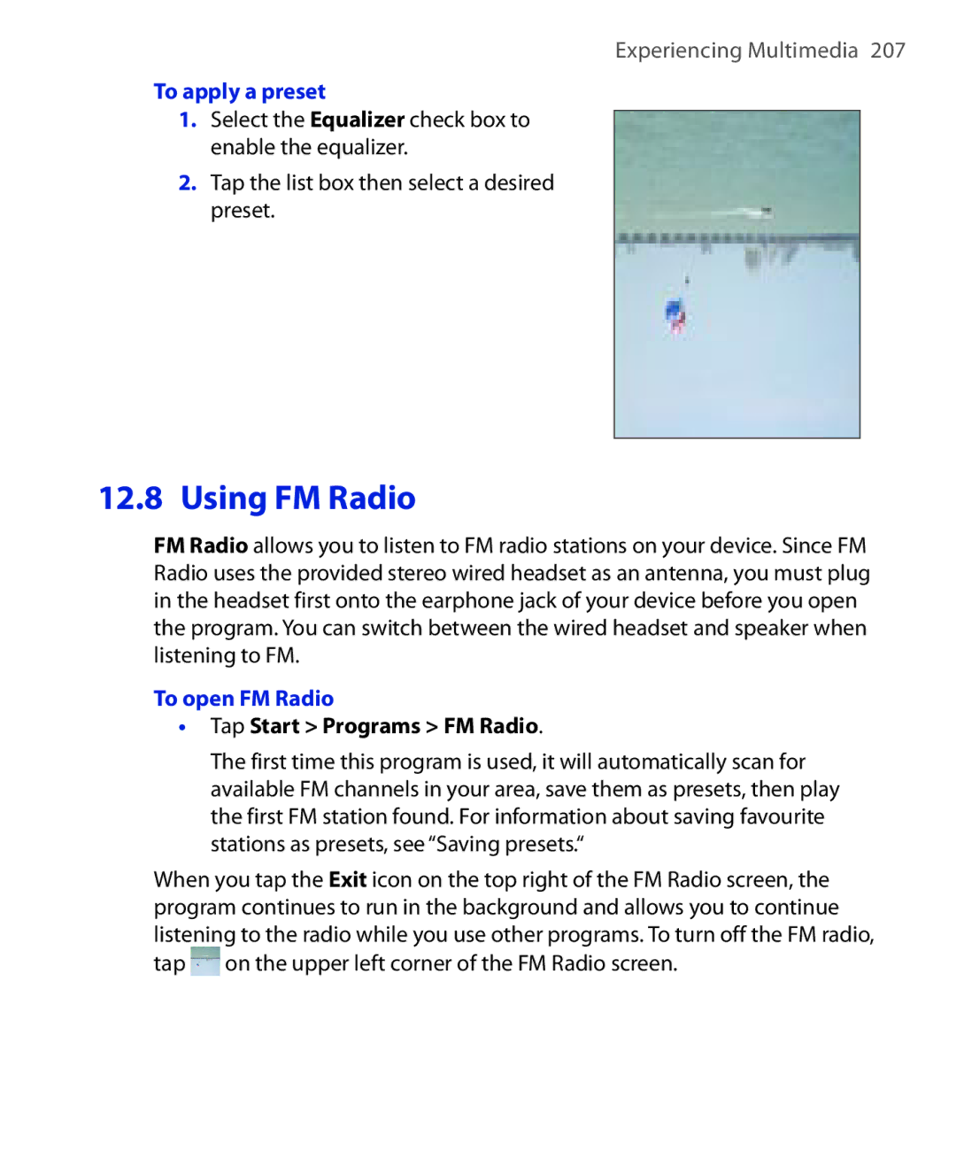 HTC Xda orbit 2 manual To apply a preset, To open FM Radio, Tap Start Programs FM Radio 