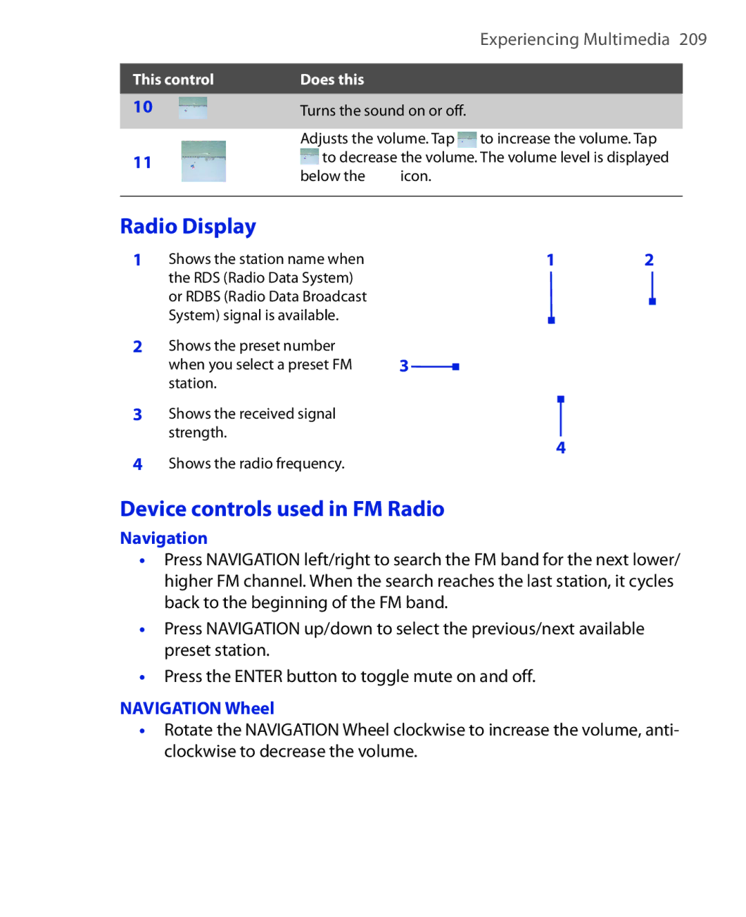 HTC Xda orbit 2 manual Radio Display, Device controls used in FM Radio, Navigation Wheel 