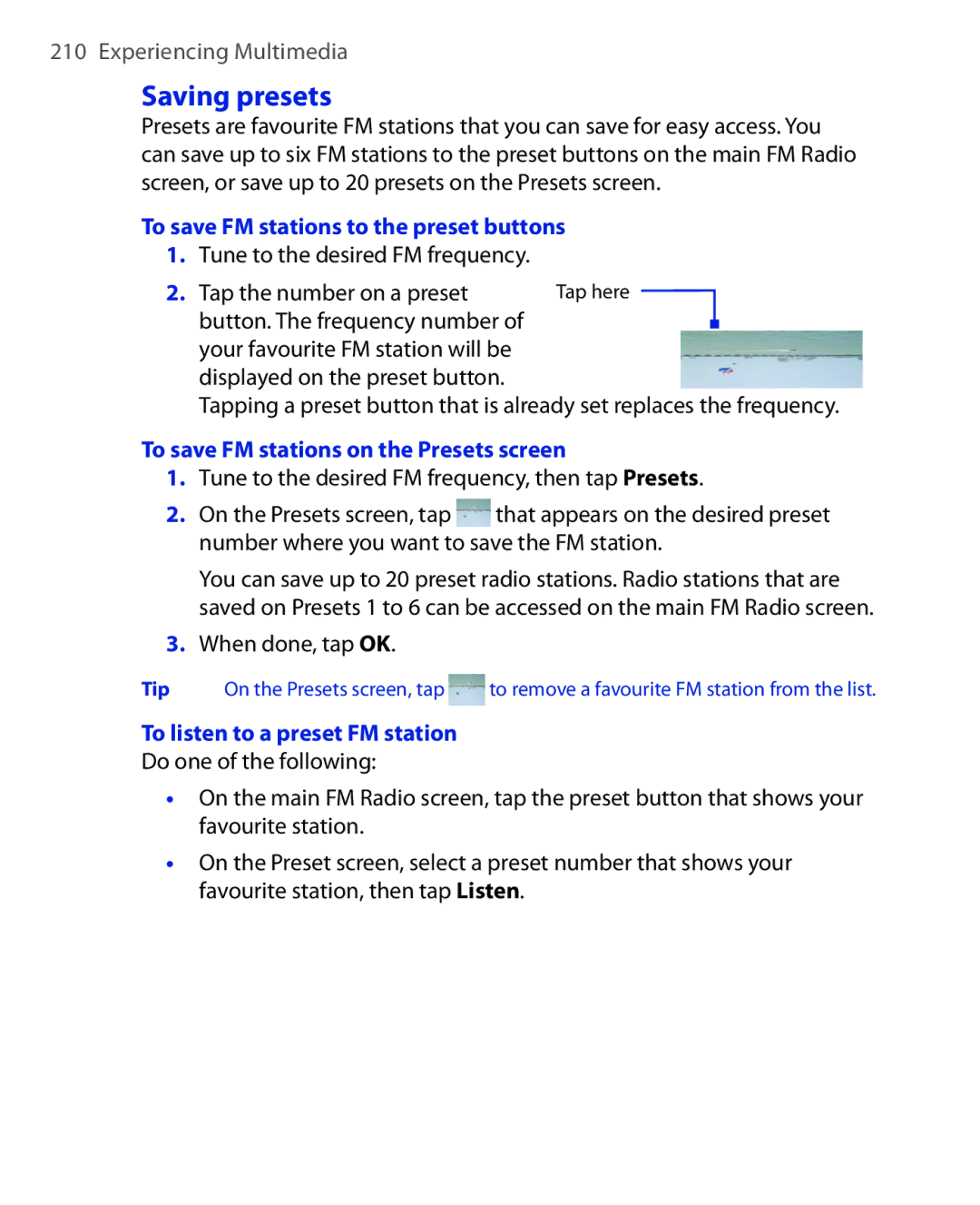 HTC Xda orbit 2 manual Saving presets, To save FM stations to the preset buttons, To save FM stations on the Presets screen 