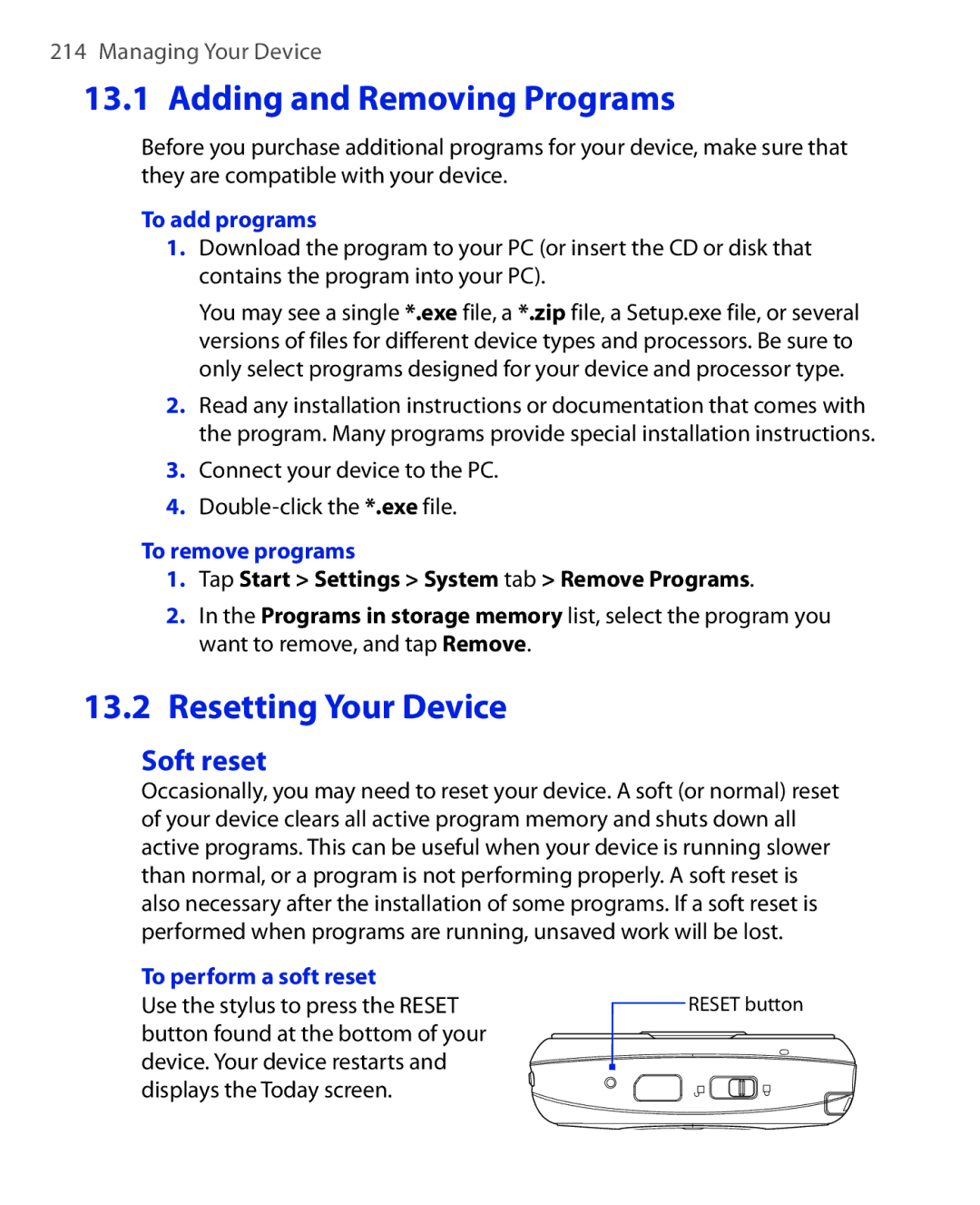 HTC Xda orbit 2 Adding and Removing Programs, Soft reset, To add programs, To remove programs, To perform a soft reset 