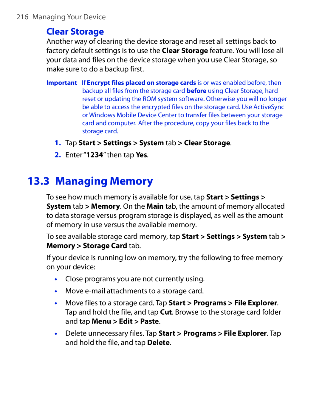 HTC Xda orbit 2 manual Tap Start Settings System tab Clear Storage, Enter 1234 then tap Yes 