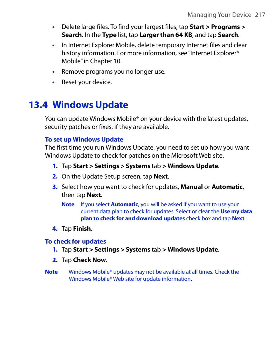 HTC Xda orbit 2 manual To set up Windows Update, Tap Start Settings Systems tab Windows Update, To check for updates 