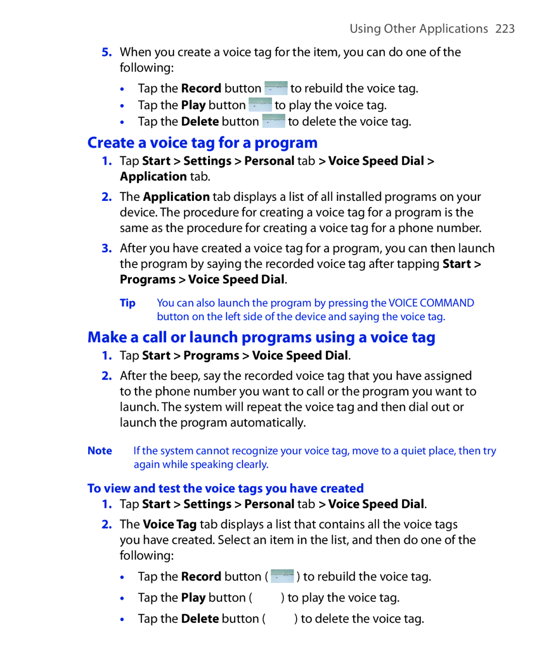HTC Xda orbit 2 manual Create a voice tag for a program, Make a call or launch programs using a voice tag 