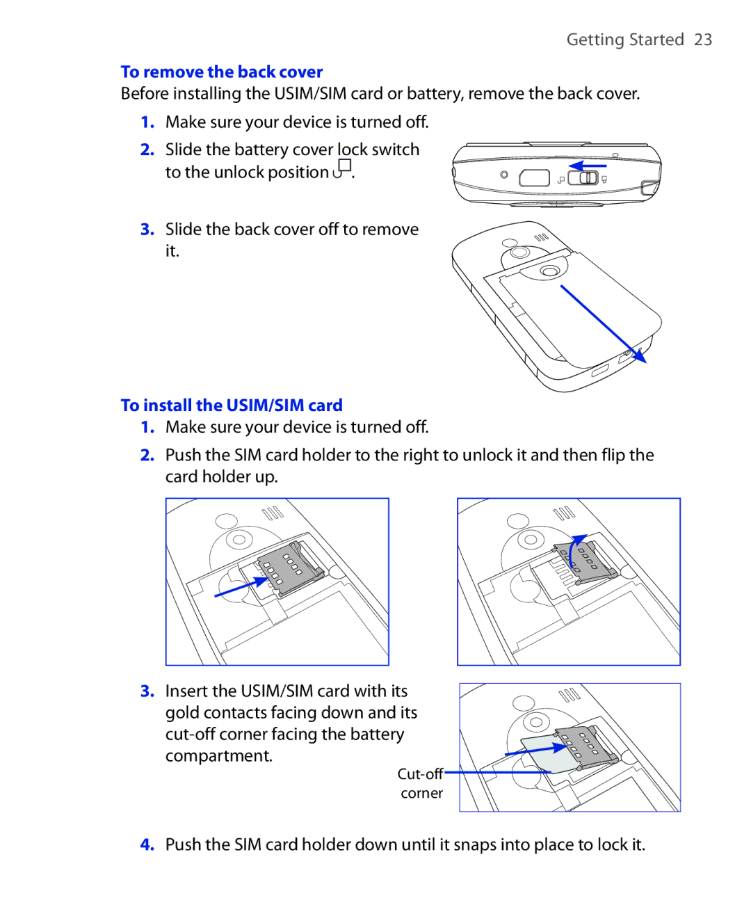 HTC Xda orbit 2 To remove the back cover, To install the USIM/SIM card, Cut-off corner facing the battery compartment 