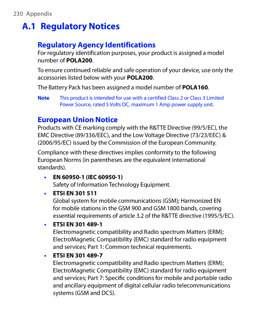 HTC Xda orbit 2 Regulatory Notices, Regulatory Agency Identifications, European Union Notice, EN 60950-1 IEC, Etsi EN 301 