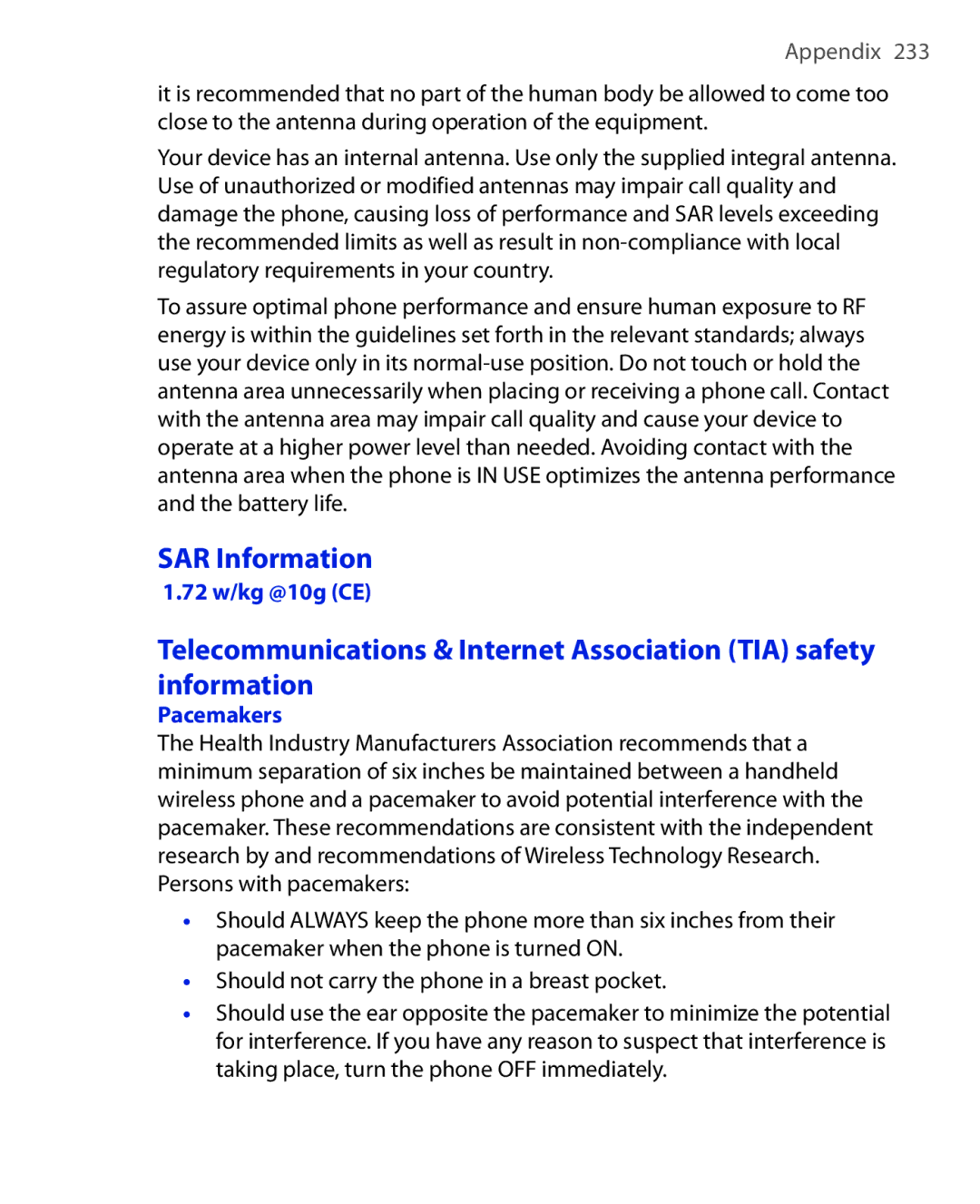 HTC Xda orbit 2 manual SAR Information, 72 w/kg @10g CE, Pacemakers 