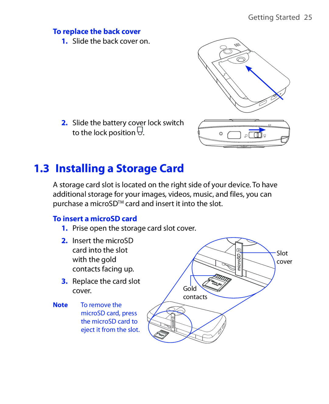 HTC Xda orbit 2 manual Installing a Storage Card, To replace the back cover, To insert a microSD card 