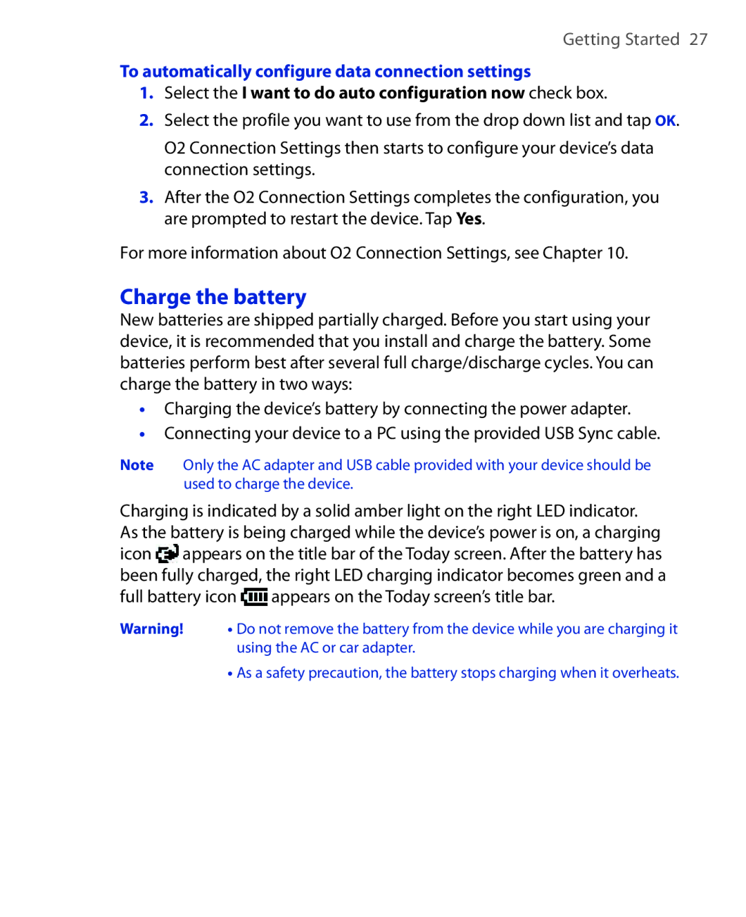 HTC Xda orbit 2 manual Charge the battery, To automatically configure data connection settings 