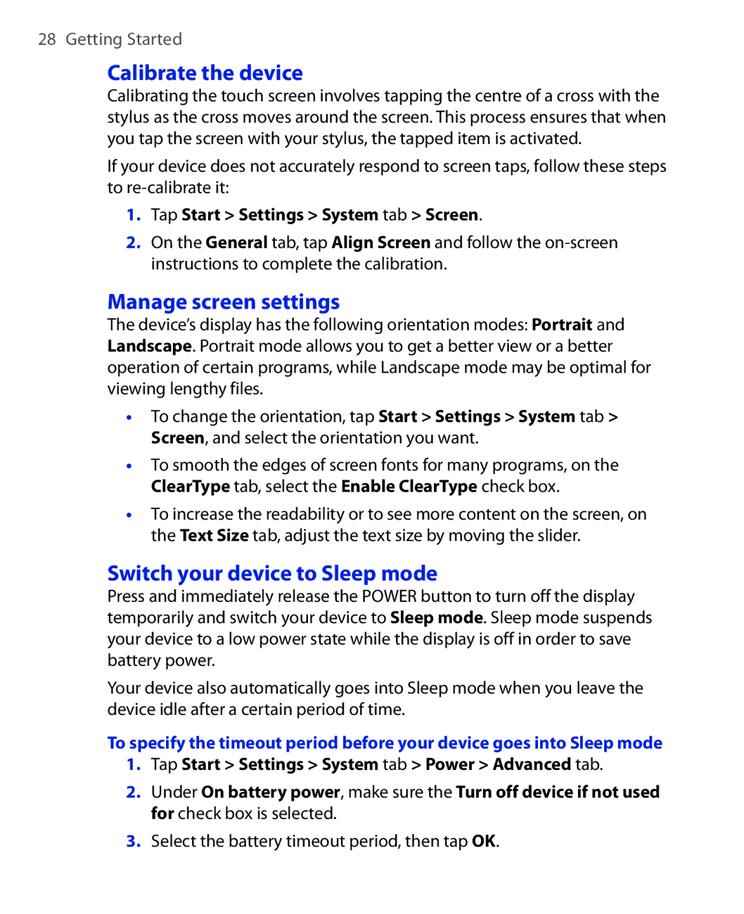 HTC Xda orbit 2 manual Calibrate the device, Manage screen settings, Switch your device to Sleep mode 