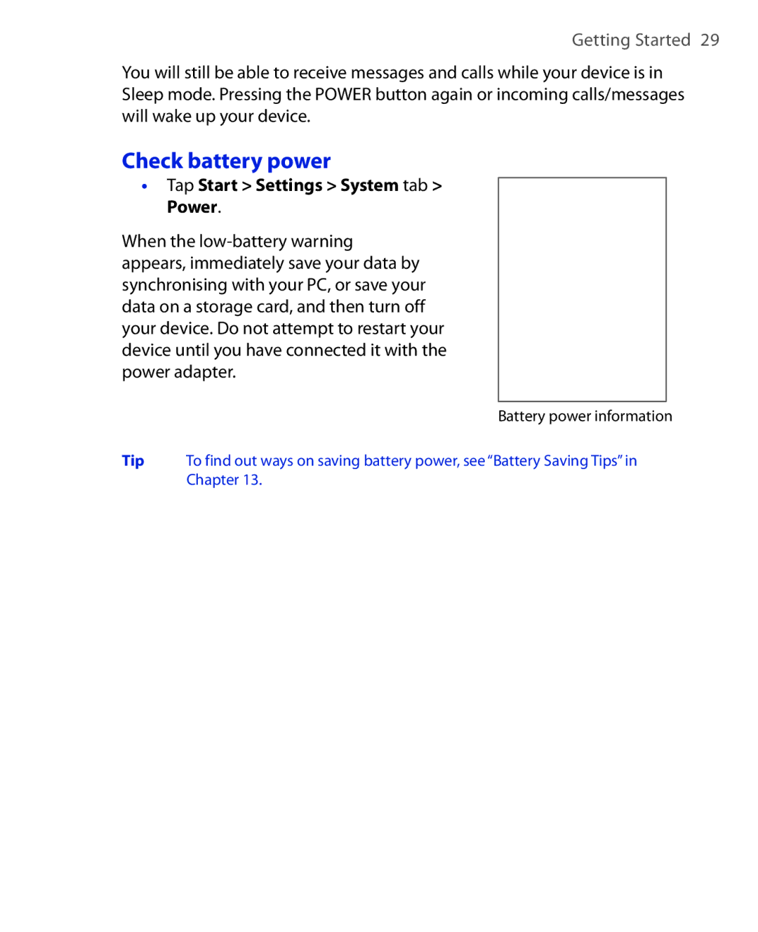 HTC Xda orbit 2 manual Check battery power, Tap Start Settings System tab Power 