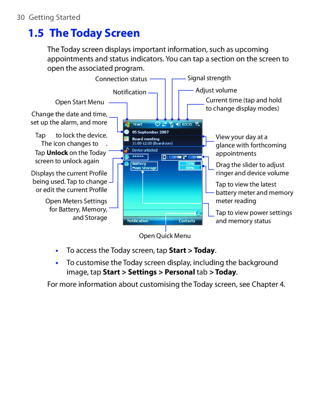 HTC Xda orbit 2 manual Today Screen, To access the Today screen, tap Start Today 