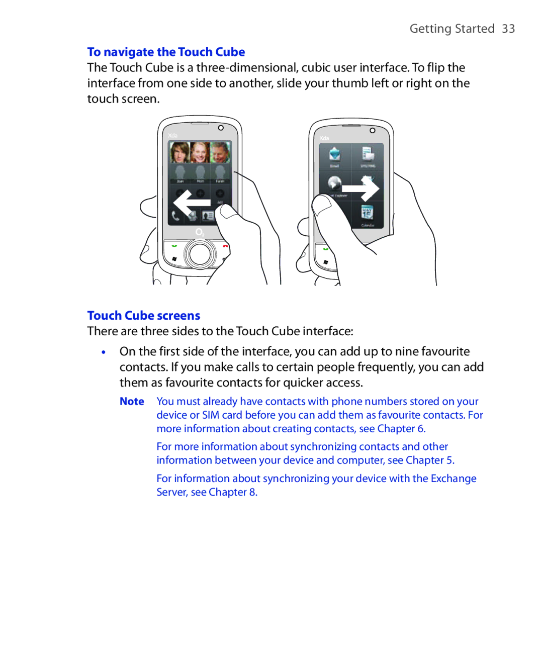 HTC Xda orbit 2 manual To navigate the Touch Cube, Touch Cube screens, There are three sides to the Touch Cube interface 