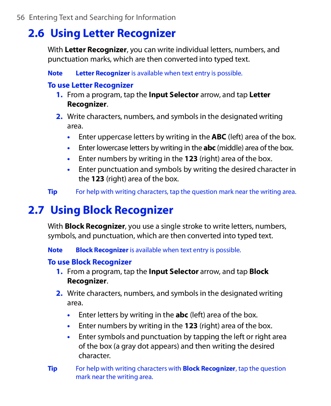 HTC Xda orbit 2 manual To use Letter Recognizer, To use Block Recognizer 