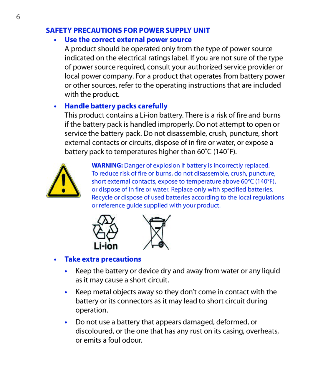 HTC Xda orbit 2 manual Use the correct external power source, Handle battery packs carefully, Take extra precautions 