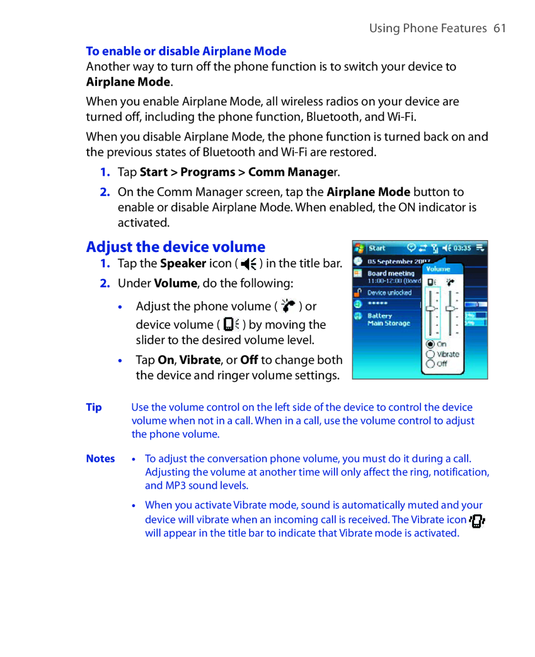 HTC Xda orbit 2 manual Adjust the device volume, To enable or disable Airplane Mode 