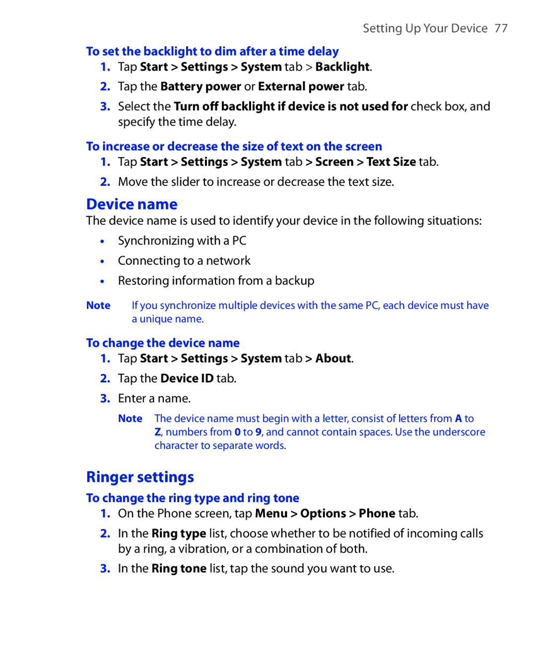 HTC Xda orbit 2 manual Device name, Ringer settings 