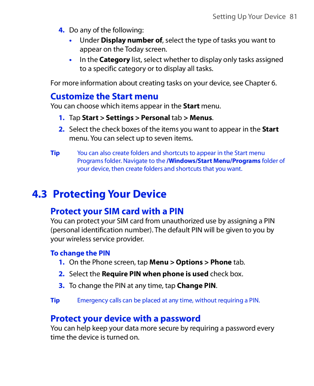 HTC Xda orbit 2 manual Customize the Start menu, Protect your SIM card with a PIN, Protect your device with a password 